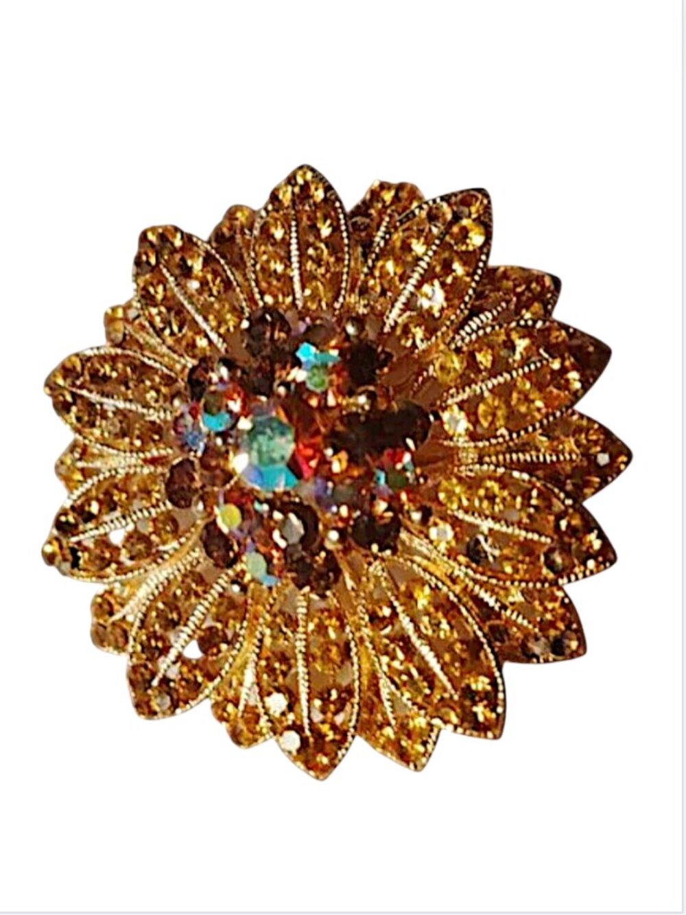 Vintage Topaz Rhinestones Daisy Brooch 2" VG